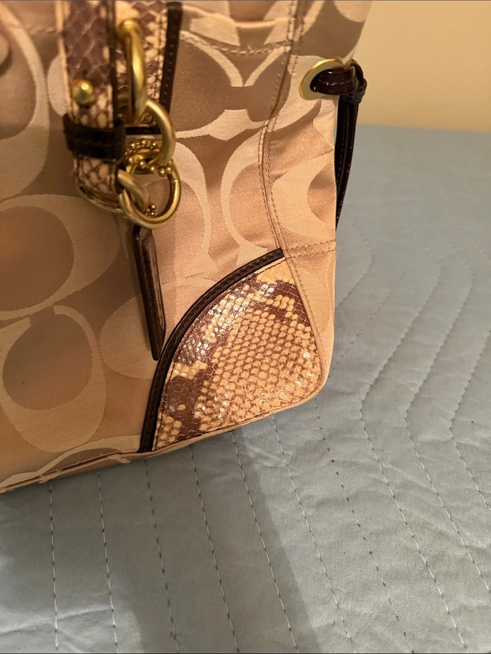 Coach Beige Signature Canvas Shoulder Tote with Dark Brown Trim